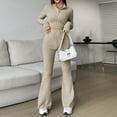 thumbnail image 2 of BYHONG Womens Sets 2 Piece Outfits Fall Solid Color Knitted Long Sleeved Turtleneck Wide Leg High Waisted Trousers Khaki XL, 2 of 7