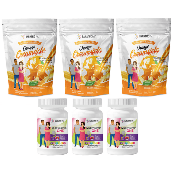 Gastric Bypass Complete Vitamin Pack - Chewables Size: 3-Month Supply, BariatricPal Multivitamin ONE: Mixed Berry Chewable with 45mg Iron, BariatricPal Calcium Citrate Soft Chews: Orange Creamsicle