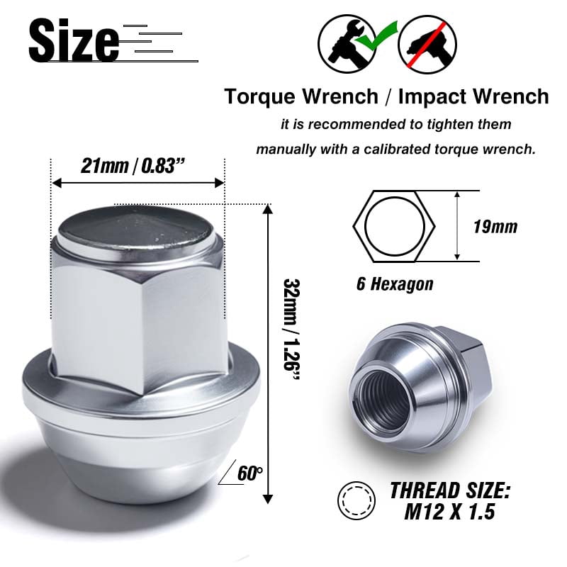 M12x1.5 Lug Nuts, Chrome Closed End Lug Nut Replacement 19mm Hex for Fusione；Focus；Focus；Lincoln mkc；Lincoln mkz Aftermarket Wheel - 20pcs