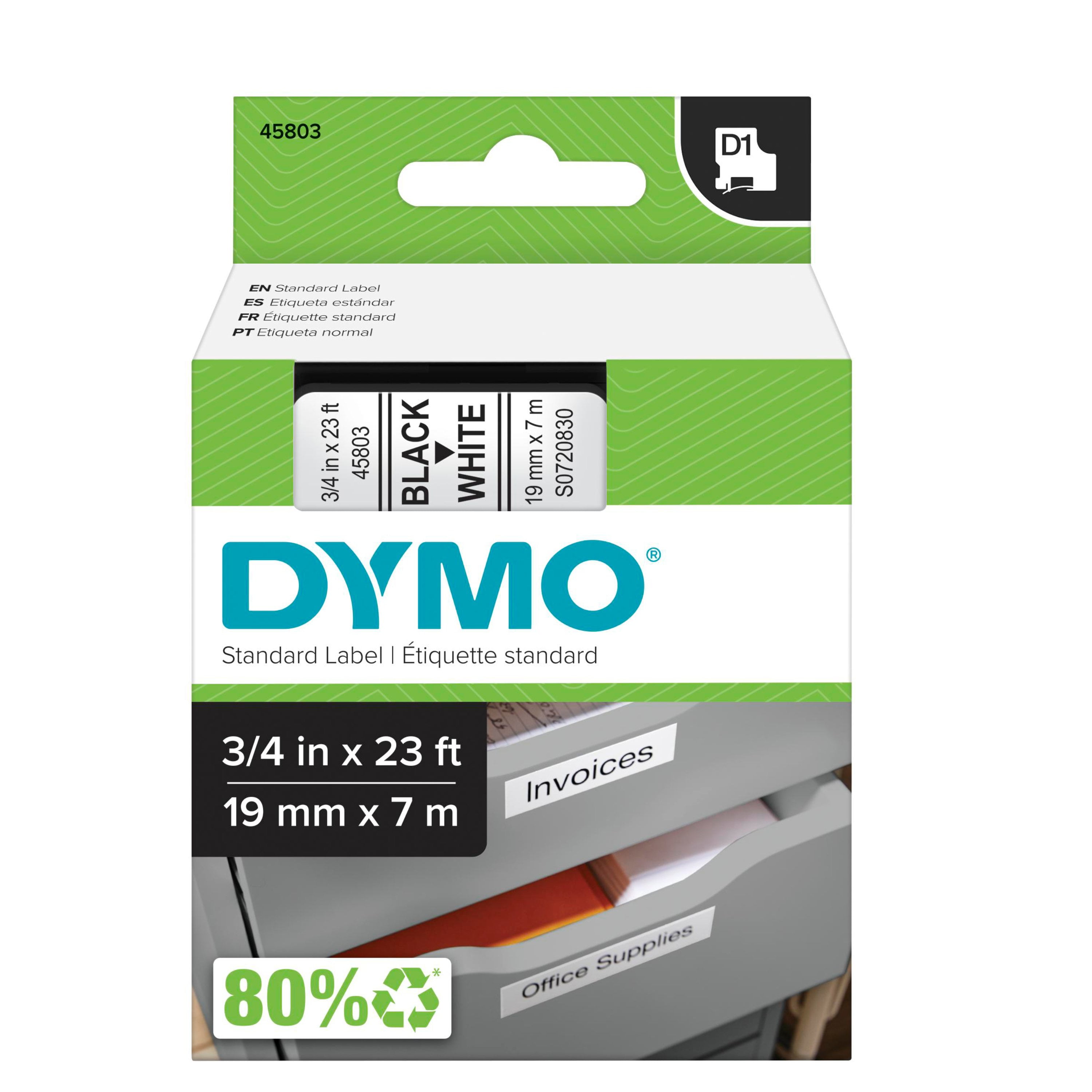 1/2-Inch x 23 ft DYMO 45020 D1 High-Performance Polyester Removable Label Tape White on Clear 