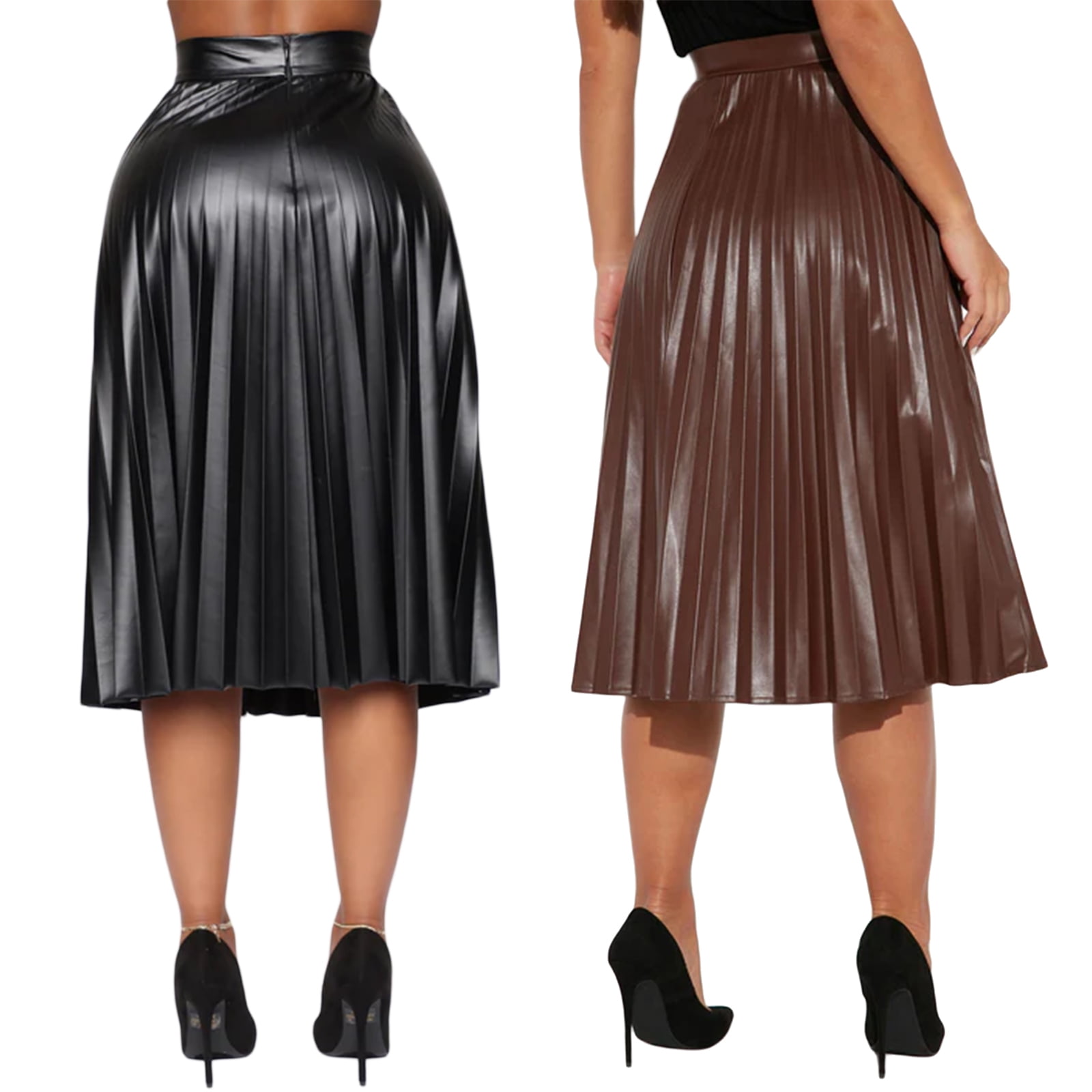 Women Pleated Pu Leather Skirt High Waist Midi Flare Skirt Faux Leather ...