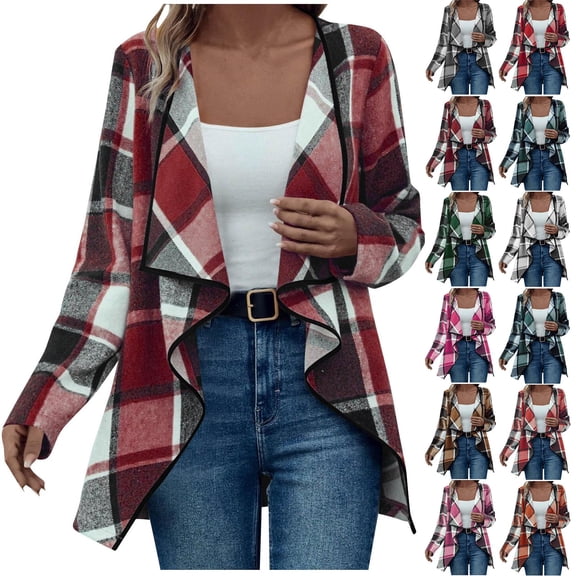 Women Plaid Shacket Wool Blend Open Front Shirt Jacket Long Sleeve Lightweight Cardigan Coat Fashion Fall Outerwear