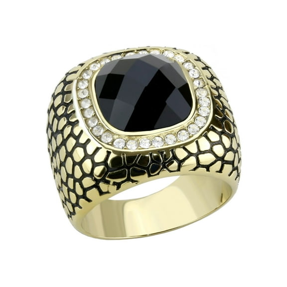 Big 12x12mm Black Synthetic Multiple Cut Stone Set in Gold IP Stainless Steel Mens Ring - Size 12