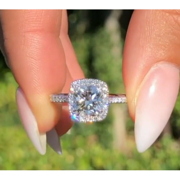 Forever Jewels 2.47Ct Cushion Cut Moissanite Women Halo Engagement Ring 14K White Gold Plated