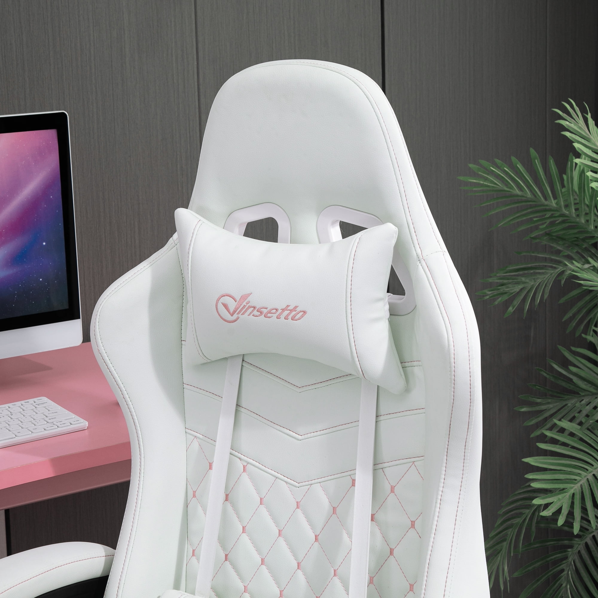 Vinsetto Video Game Chair with Footrest and Pillow, White/Pink