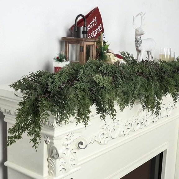 Diceymbol 2025 New Christmas Cedar Garland Artificial Green Cedar Garland Faux Cedar Needles Garland for Home Fireplace Indoor Outdoor Holiday Party Decoration