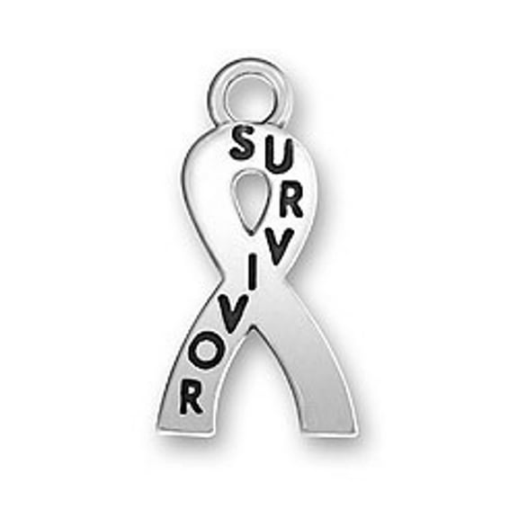 Sterling Silver 16" .8mm Box Chain Survivor Awareness Ribbon Pendant Necklace