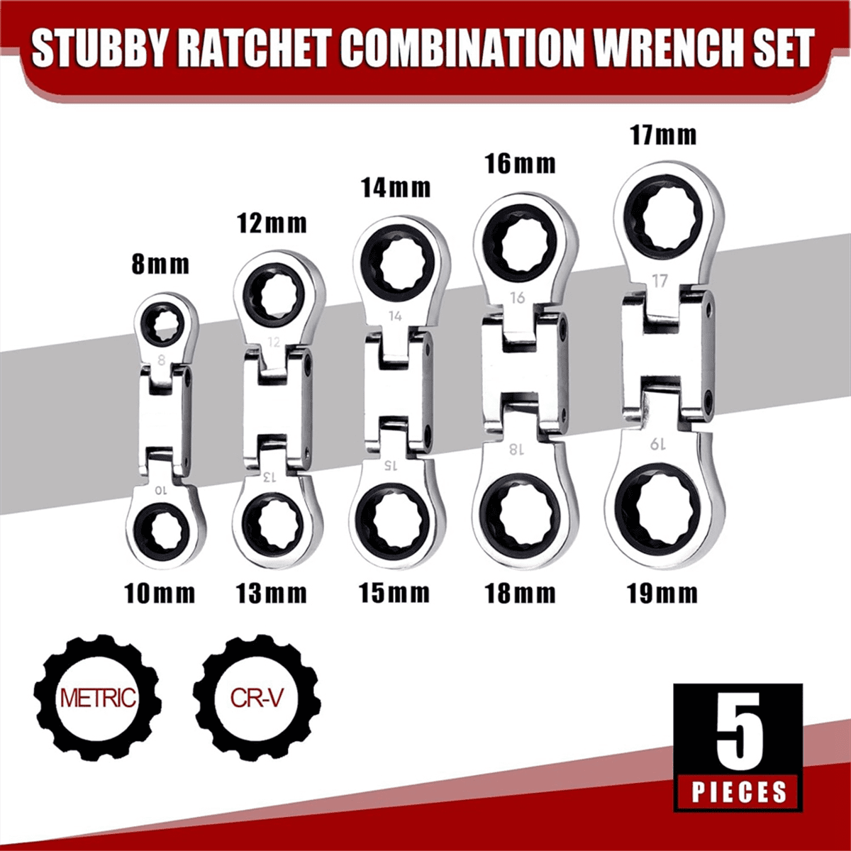 5-Piece Stubby Flex- Ratcheting Wrench Set Metric Combination