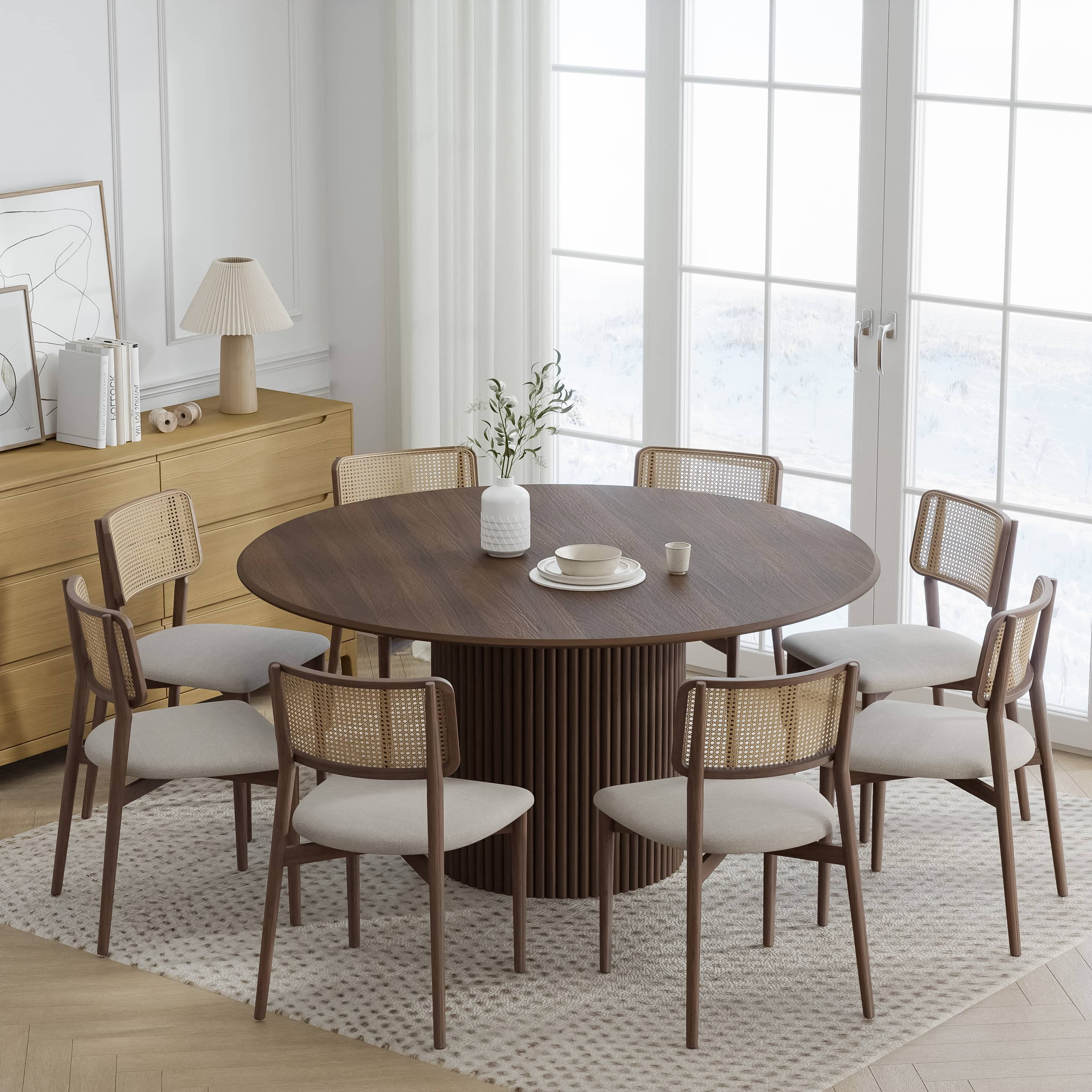 MAYEERTY 60" Round Dining Tables Mid-Century Kitchen Table for Dining Room, Walnut