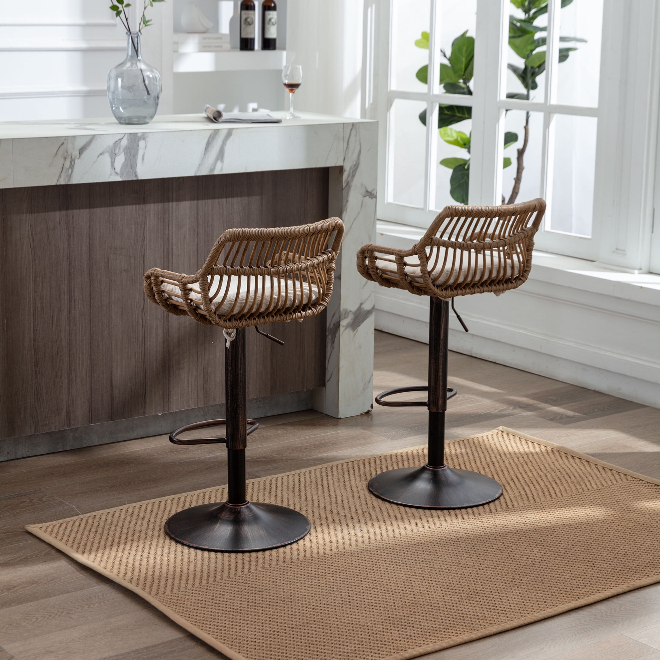 Noble House Swivel Bar Stools Set of 2, Adjustable Linen Counter Height Chairs with Footrest, Beige