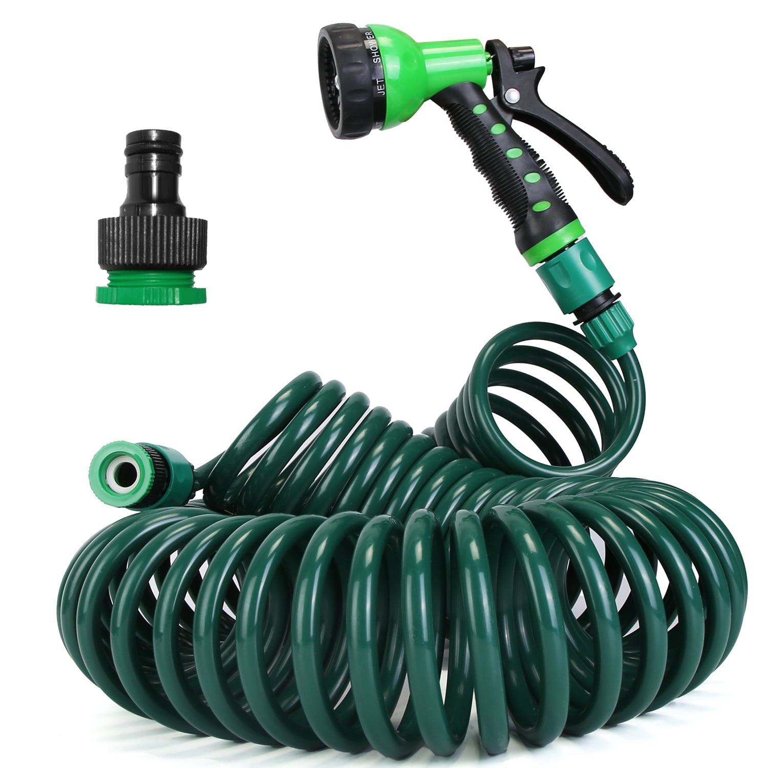 iMounTEK EVA Recoil Garden Hose Coiled Boat Hose with 3/4” and 1/2” Adapter with 7 Spraying Modes for Outdoors, Yard, Boats, Car Washing, 49.2ft