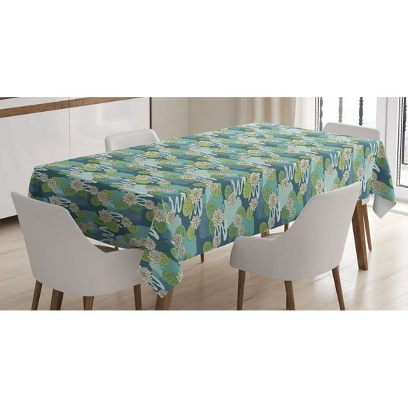 Floral Tablecloth, Water Lily Flowers and Leaves on Wetland Themed Background Colored in Cold Tones, Rectangle Satin Table Cover Accent for Dining Room and Kitchen, 52" X 70", Multicolor, by Ambesonne
