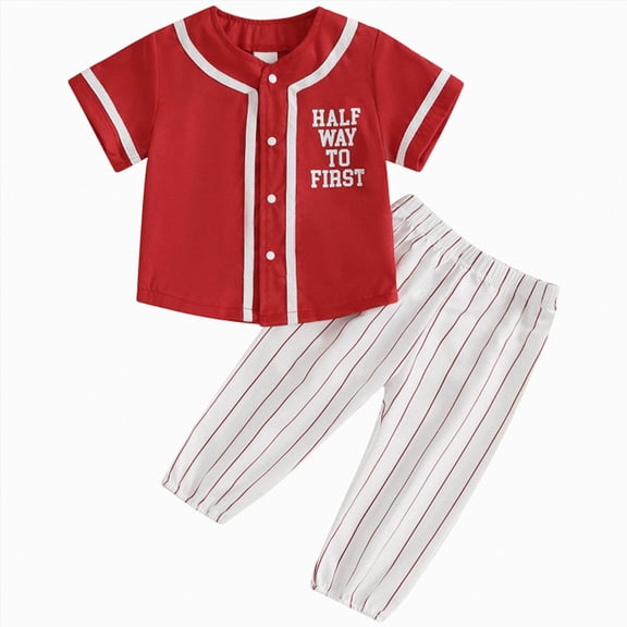 mgoYE 2Pcs Toddler Baby Boy Summer Baseball Outfit Set 3-6 Months Short Sleeve Baseball Button T-Shirt Top and Striped Pants Clothes Red
