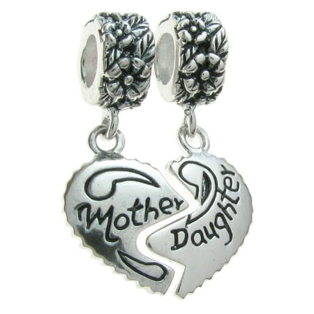 Sterling Silver Mother Daughter Love Heart European Style Dangle Bead Charm Fits