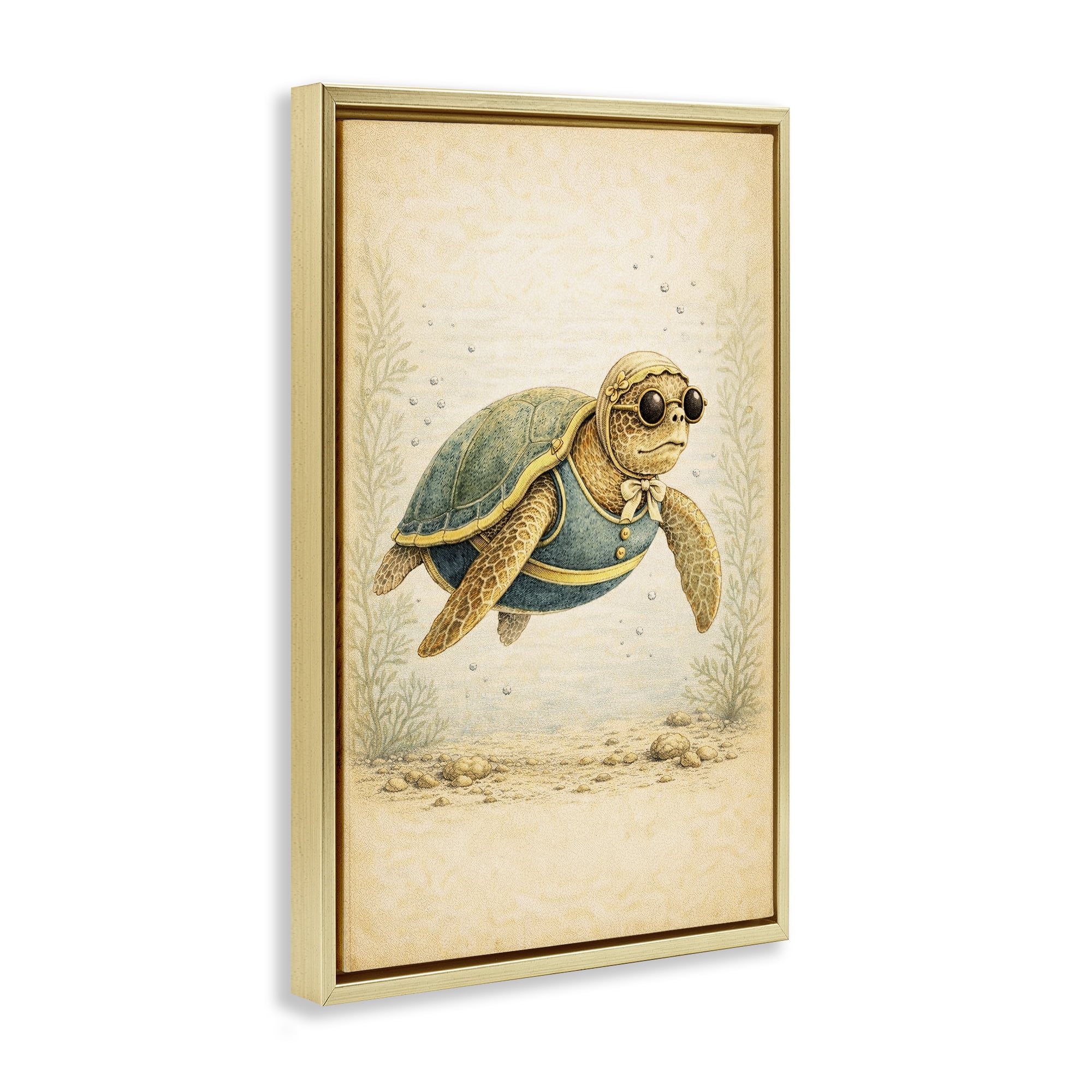 Stupell Industries Maritime Bathing Society Turtle Gold Framed Floater Canvas Wall Art, design by Grotto Studios