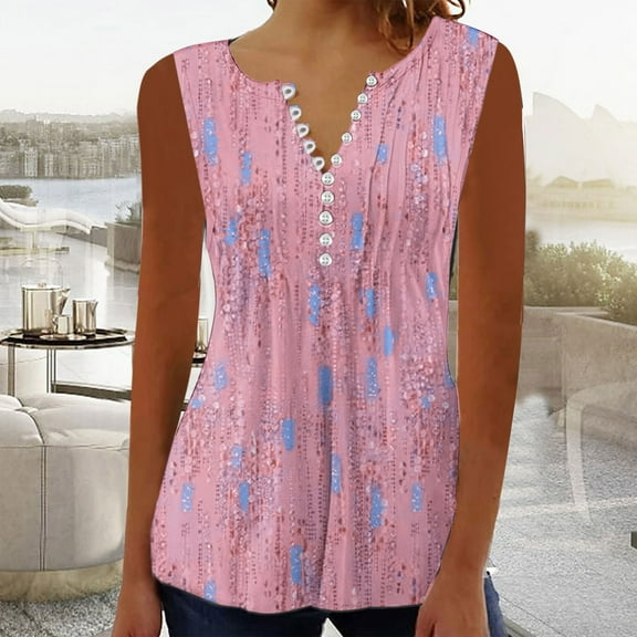 Wycnly Tank Top for Women Womens Tank Tops Lightweight Button up Pleated Tunic Blouses Trendy Floral Print Sleeveless T Shirts Ladies Sleeveless Shirt