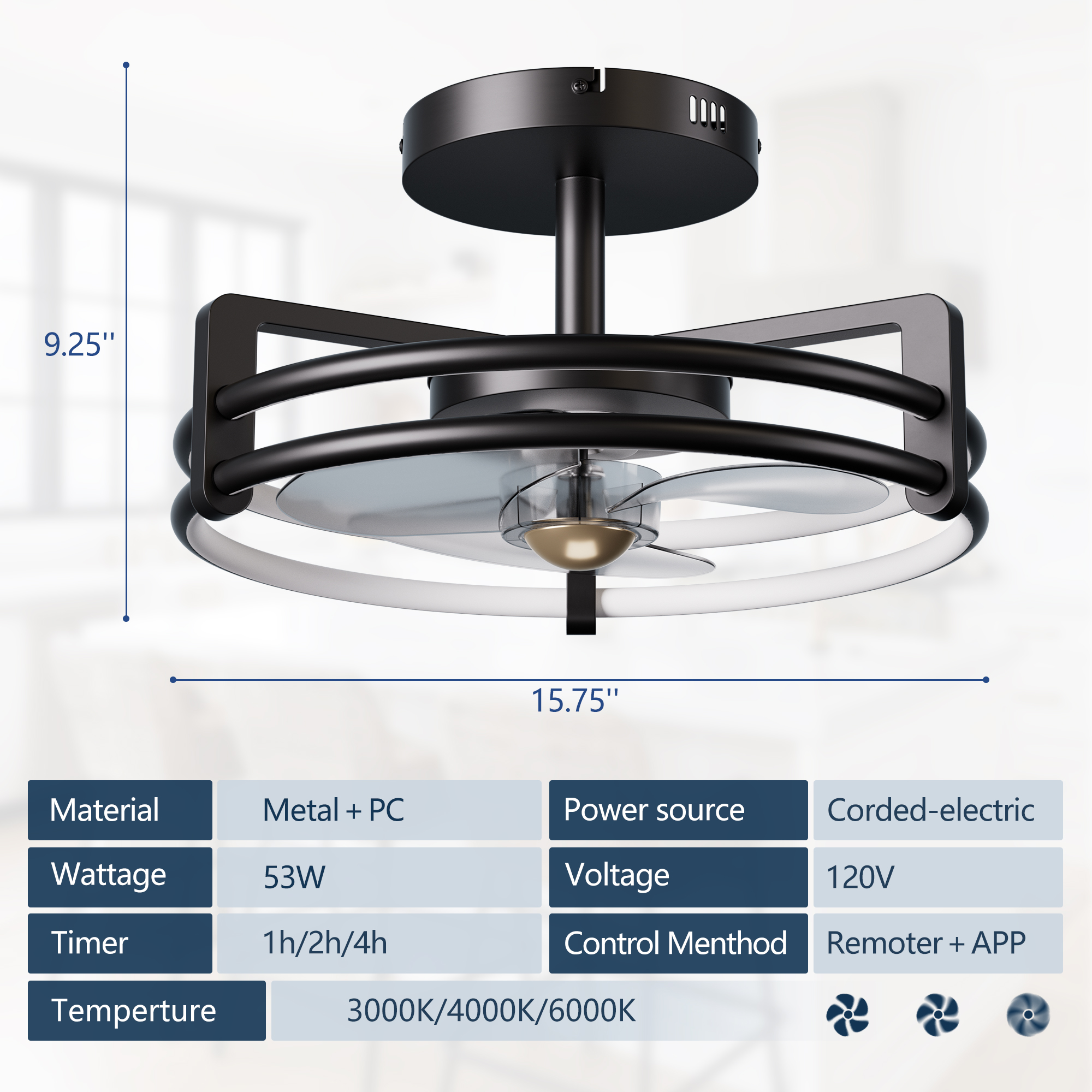 16 inch Ceiling Fan with Light and Remote Control, Black Modern Ceiling Fan for Kitchen, Bedroom, Indoor, 6 Speed, Quiet, Timing