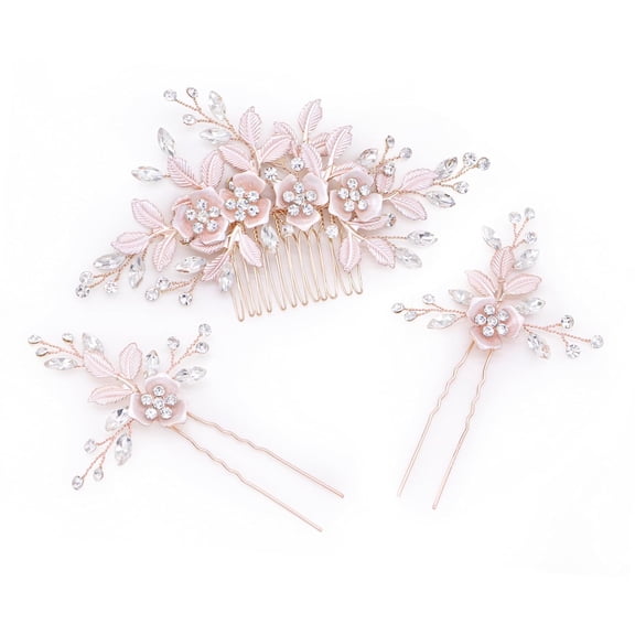 4pcs Bridal Rose Gold Hair Accessories for Brides and Bridesmaid, Rhinestone Hair Pins Crystal Flower Barrette Wedding Combs with Leaves