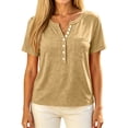 thumbnail image 6 of Shirts for Women V Neck Button Down Casual Henley Tops for Women Summer Short Sleeve Vintage Relaxed Fit Basic Tee Tops Khaki XXXL, 6 of 8
