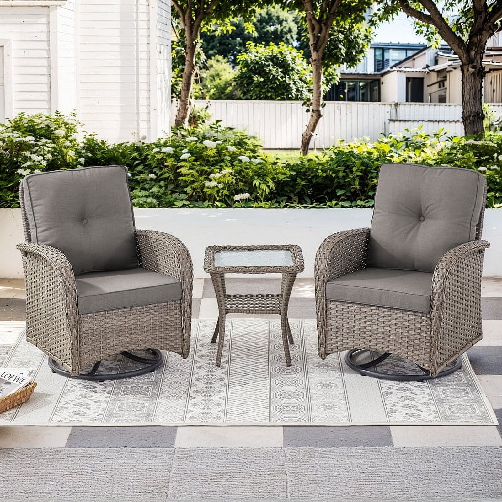 PARKWELL 7-Piece Outdoor Patio Conversation Set,Wicker 6-Seat High Back Furniture with Glider Loveseat, Swivel Gliders, Ottomans and Coffee Table,Gray Wicker Gray Cushions