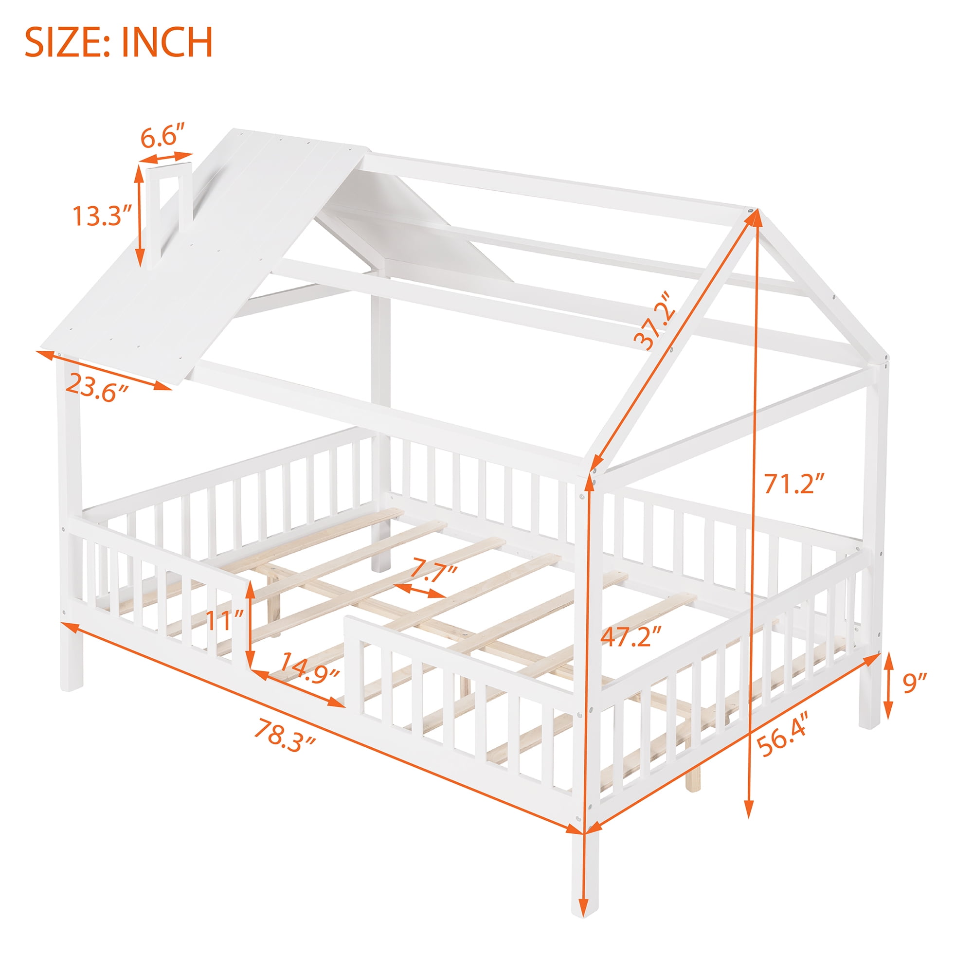Bellemave Full House Bed, Full Size Wood Bed Frame with Roof and Fence, Montessori Beds Frame with Slats, No Box Spring Needed (White)