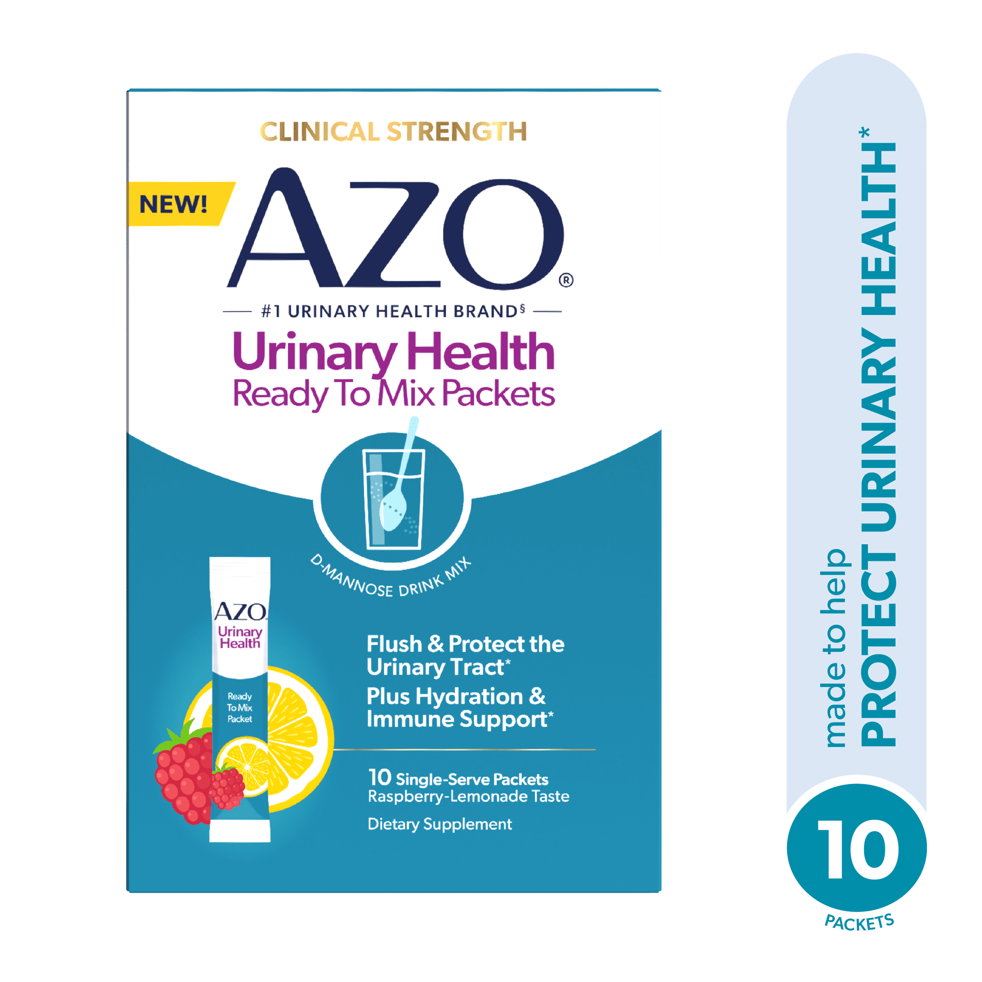 AZO D-Mannose Urinary Tract Health Ready-to-Mix Supplement, Supports UTI Prevention, Bladder Health & Hydration, Raspberry Lemonade, 10 Packets
