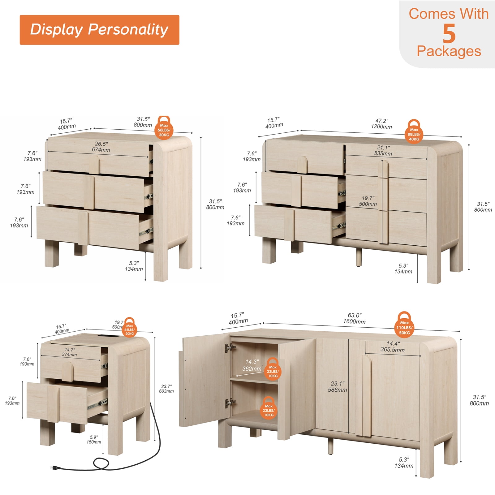 5 Pcs Dresser and Nightstand Sets for Bedroom，Night Stand Set of 2, Mid-Century Modern Bedroom Set with Curved Profile Design, Wooden Storage Cabinet Set