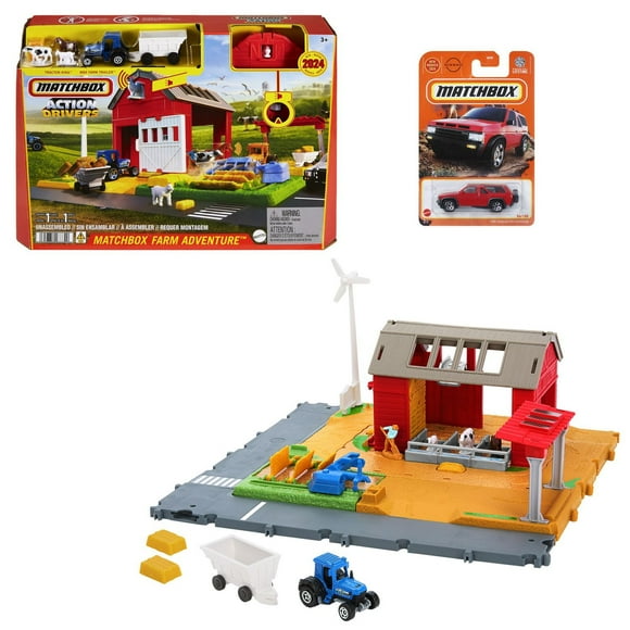 Ensemble Matchbox – Coffret de jeu Aventure à la ferme Action Drivers avec 1 véhicule, 6 accessoires et 1 véhicule Matchbox supplémentaire (les styles peuvent varier)