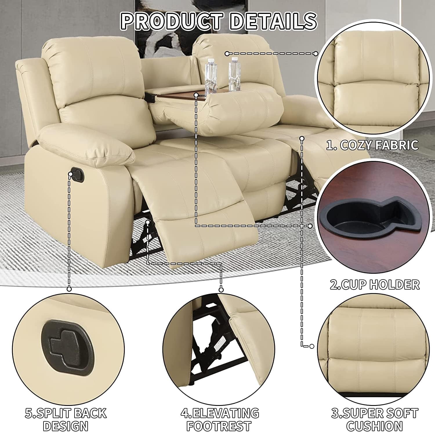 3 Piece Manual Recliner Sofa Couch, Home Theater Seating with Cup Holders, Living Room Furniture Sofa Set for Home Office