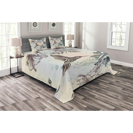 Antique Bedsteads Hummingbird Bedspread Set, Birds And Hibiscus Flowers Nostalgia Antique Artistic Design Classical Print, Decorative Quilted Coverlet Set with Pillow Shams Included, Teal Brown, by Ambesonne ()