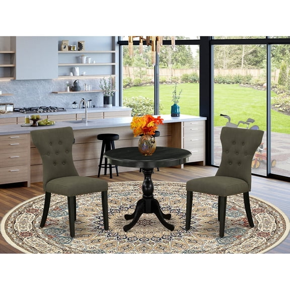 3 Piece Dining Set - Round Pedestal Table & 2 Linen Fabric Chairs - Dark Grey Modern Kitchen Set