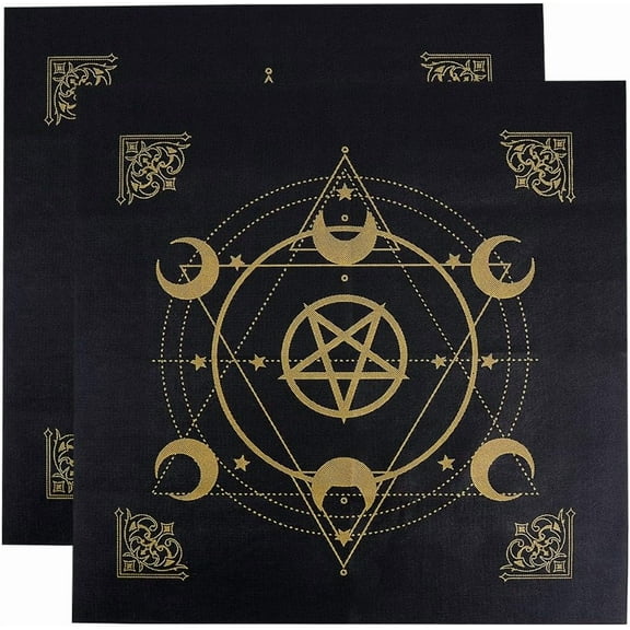 2Pcs Altar Cloth Square Moon Tarot Tablecloth Non-Woven Fabrics Golden Pentagram Spiritual Cloth Black Tarot Table Cover Spreading Reading for Decor Gift Wiccan Witchery Supplies 49x49cm