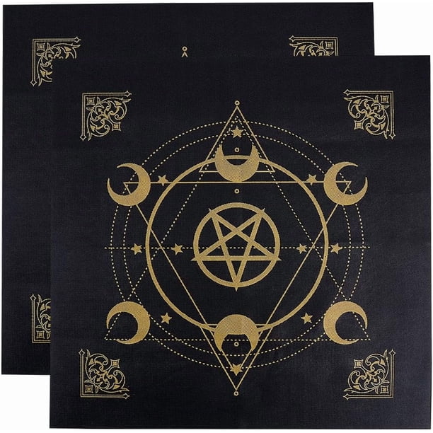 Mantel de Tarot cuadrado de tela no tejida con diseño de luna y pentagrama dorado, color negro, ideal para lectura