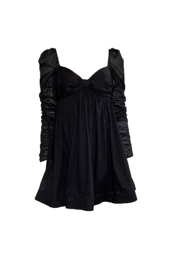 Ruched Mini Baby Doll Dress in Black Cotton