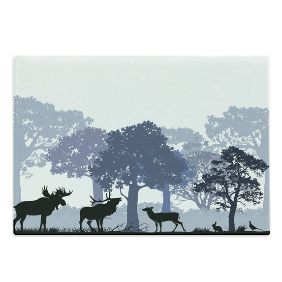 Moose Cutting Board, Forest Design Abstract Woods North American Wild Animals Deer Hare Elk Trees, Decorative Tempered Glass Cutting and Serving Board, Large Size, Black White Grey, by Ambesonne