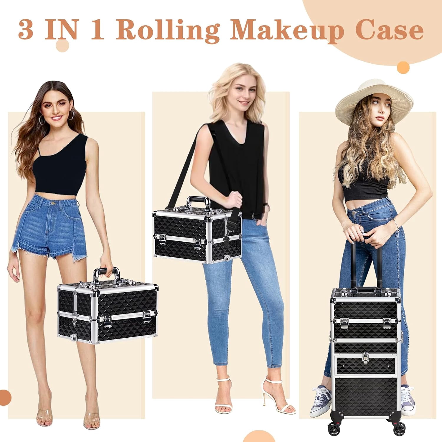 Karl Home Make-up-Koffer Mit Rollen – 3-in-1, Abschließbar, 34x24x73 Cm, Aluminium, Mit Schubladen & Abnehmbarem Oberteil