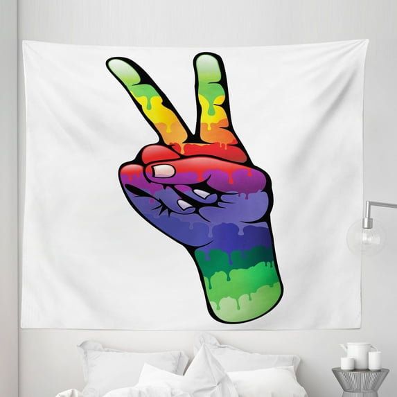 Colorful Tapestry, Hand Peace Love Sign in Rainbow Colors Internationally Recognized Universal Print, Fabric Wall Hanging Decor for Bedroom Living Room Dorm, 5 Sizes, Multicolor, by Ambesonne