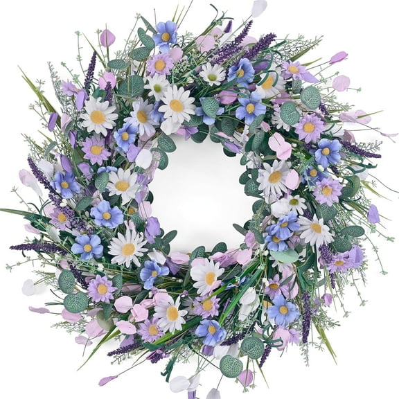 Guvpev Spring Wreaths for Front Door, 22 Inch Spring Daisy Wreath Summer Wreath with Floral Lanvender for Indoor Outdoor Wall Porch Window Decor and Festival Celebration