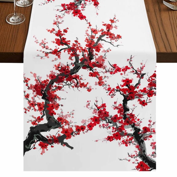 Table Runners 48 Inches Long Dress Scarves, Red Plum Farmhouse Kitchen/Dining Table Runner, Short Coffee Tablerunners, Nature Flowers Branches Chinese Painting 13x48 Inch