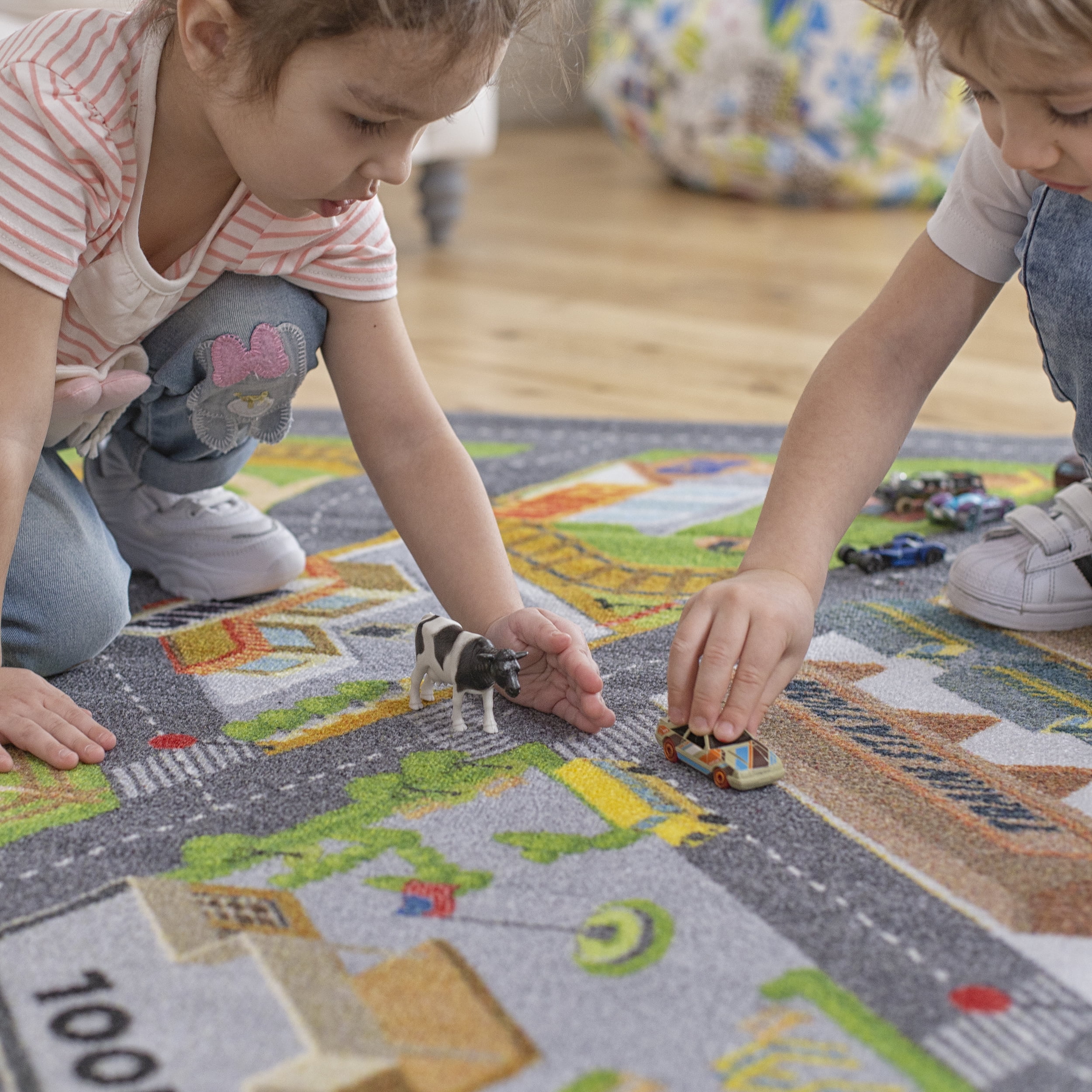KC CUBS Playtime Collection Country Farm Road Map With Construction Site Educational Learning Area Rug Carpet For Kids and Children Bedroom and Playroom (5' 0" x 6' 6")