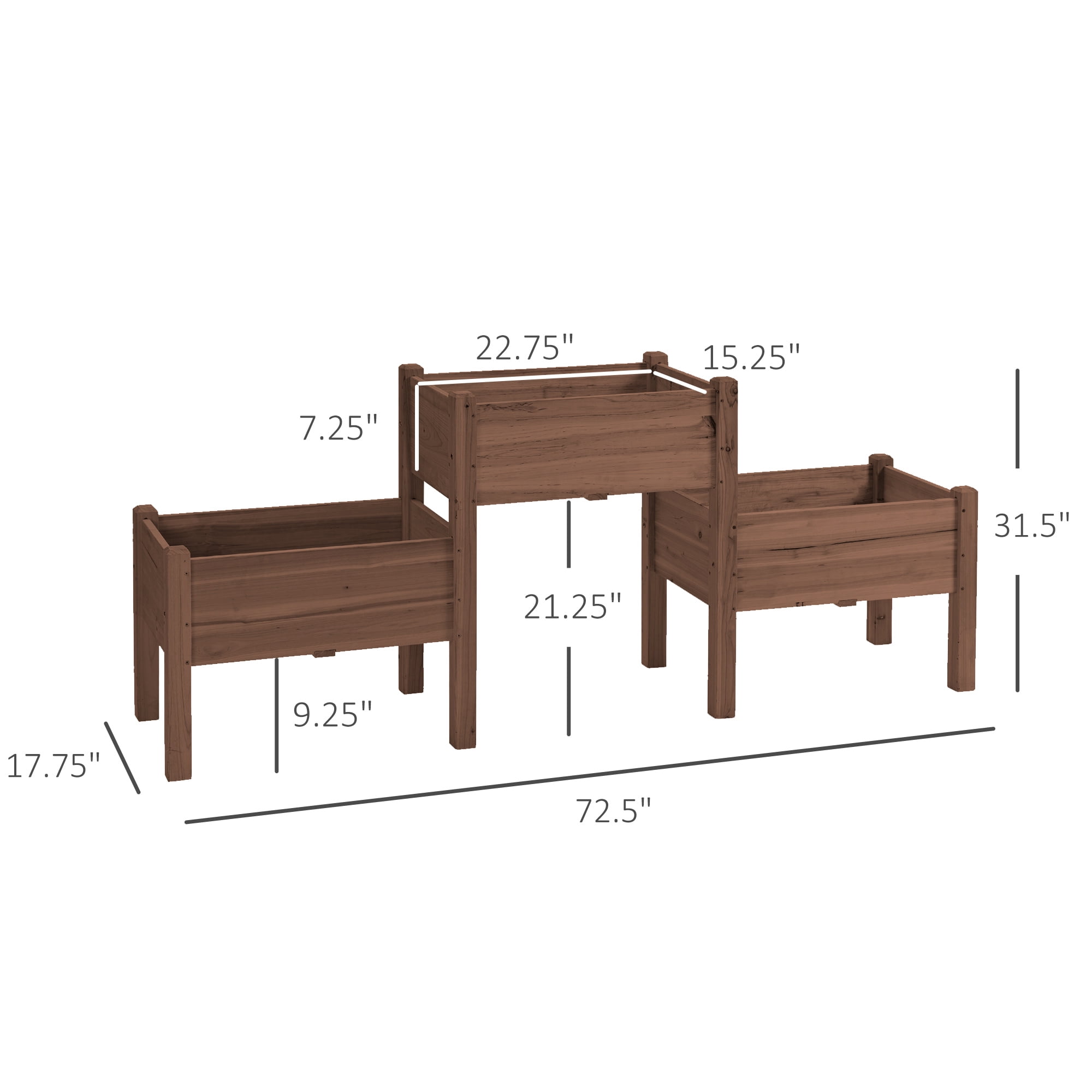 Outsunny 73" x 18" x 32" Raised Garden Bed w/ Three Elevated Planter Box, Freestanding Wooden Plant Stand for Vegetables, Herb, Flowers, Coffee