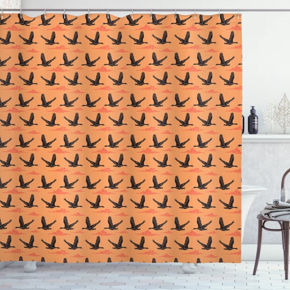 Ambesonne Geese Shower Curtain, Flying Birds Sunset Clouds, 69"Wx84"L, Dark Peach Charcoal Grey