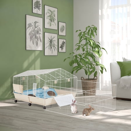 HABUTWAY 68"L Metal Small Animal Cage with Foldable Playpen, Rolling Rabbit Cage Indoor with Ramp