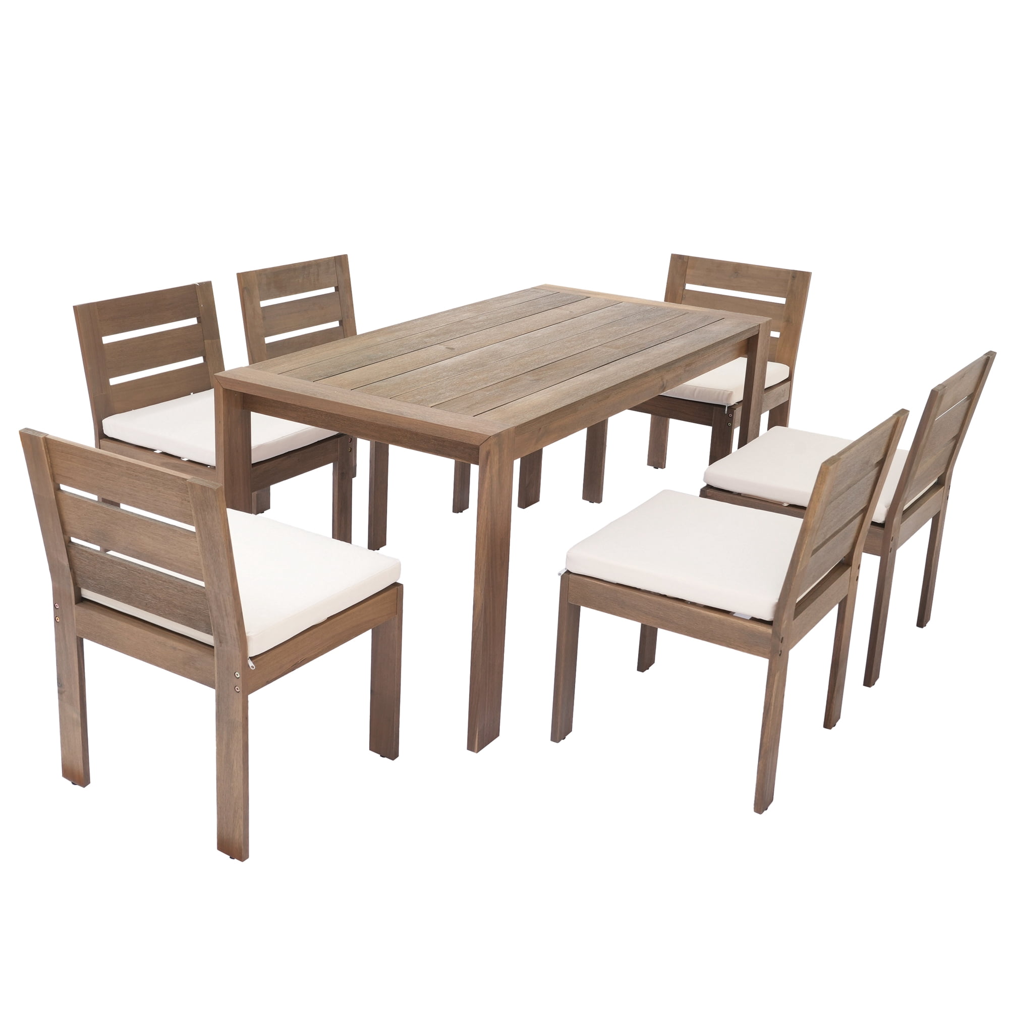 MAYEERTY 7-Piece Acacia Wood Outdoor Dining Set – Patio Table and Chairs with Cushions, Ideal for Balcony, Backyard, or Garden, Natural Finish
