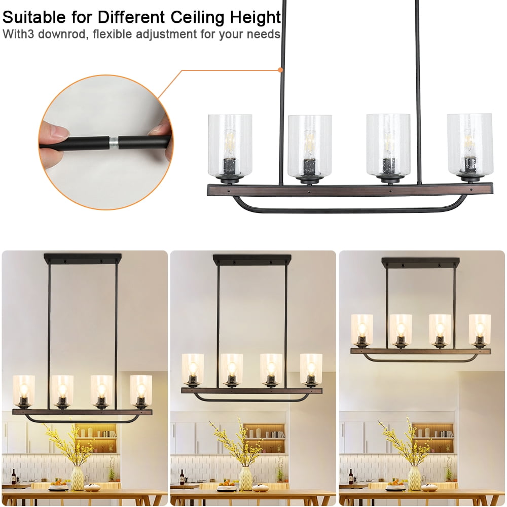 Depuley 4 Light Glass Pendant Light Rustic Track Ceiling Light Metal Wood Chandelier Lighting Fixture Hanging for Living Room Kichen Dining Restaurant, E26 Base