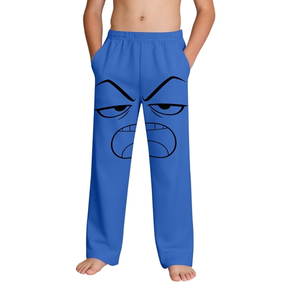 Boys Graphic Sweatpants with Pockets Angry Face Print Soft Lounge Pants for Kids Joggers Elastic Waist Blue Ages 4-14,Size 6 T
