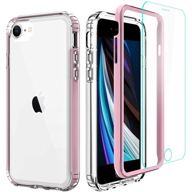 for iPhone SE 2020 Case, iPhone 7/8 Clear Case with Screen Protector Hard PC & Soft Silicone TPU Full Body Protection Heavy-Duty Shockproof Durable Case for iPhone SE 2020 4.7 inch,Rose Gold