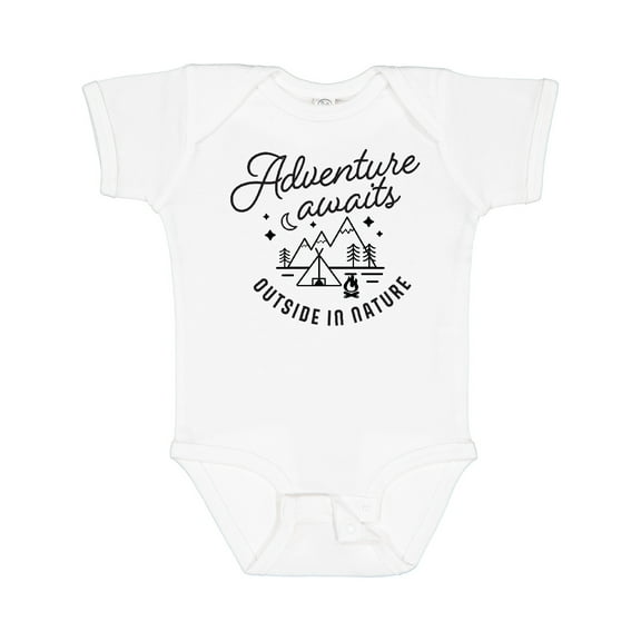 Inktastic Adventure Awaits Outside in Nature with Tent and Mountains Boys or Girls Baby Bodysuit