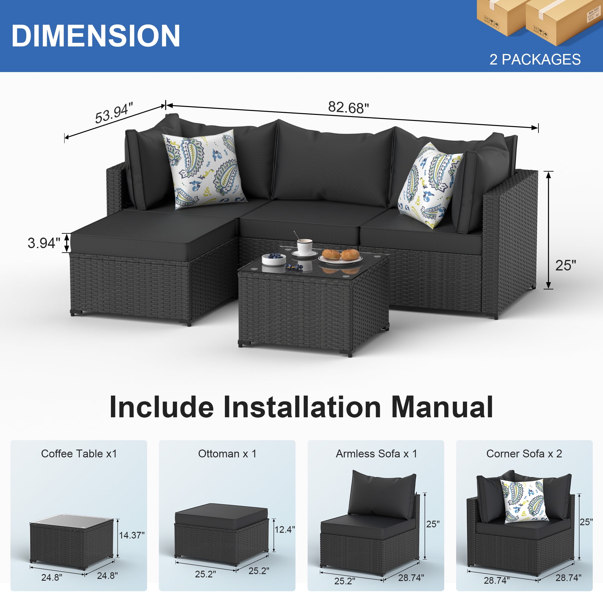 Phonjoroo 5PCS Patio Furniture Sets All Weather Outdoor Sectional Sofa Manual Weaving Wicker Rattan Outdoor Conversation Set with With Cushion And Glass Table, Black