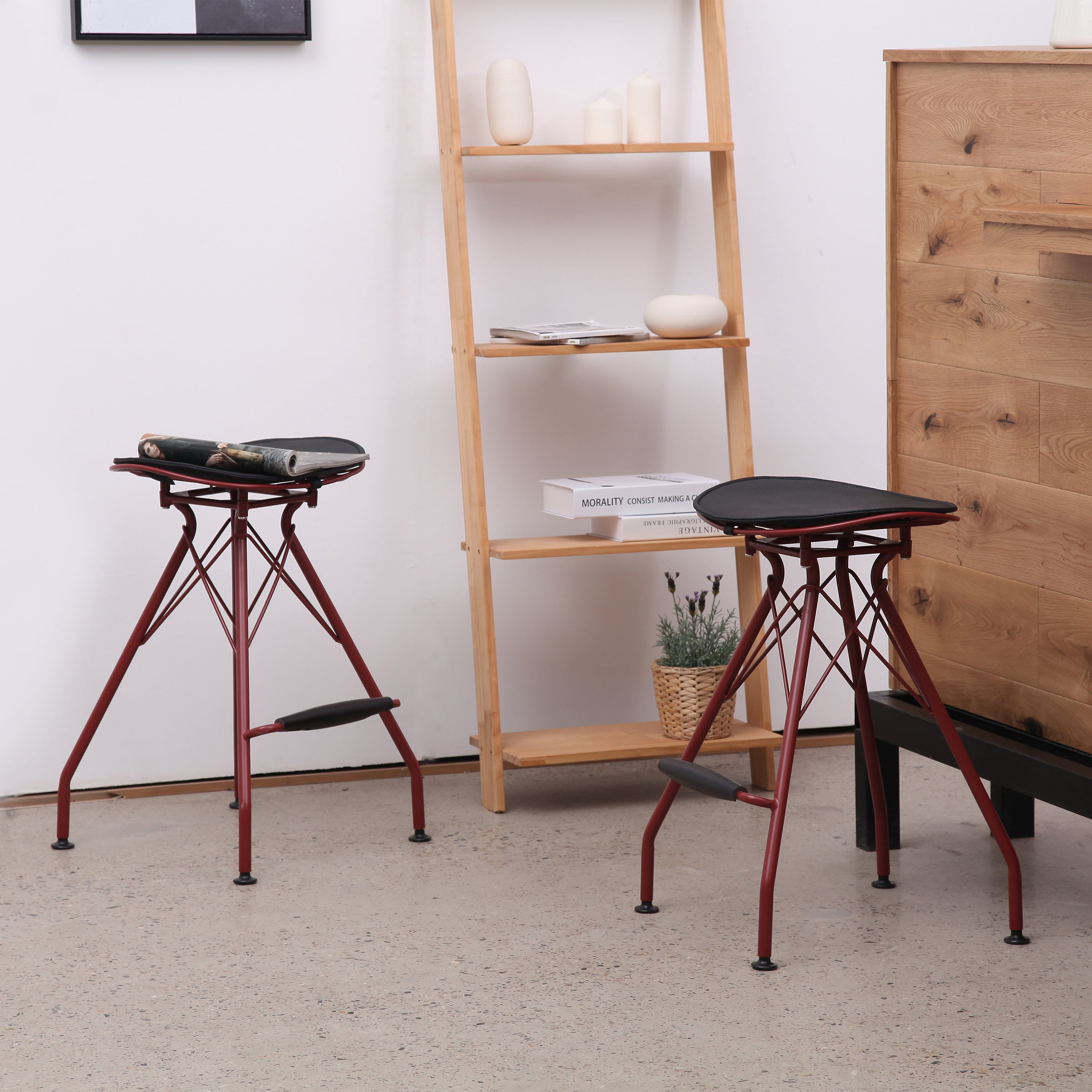 Industrial Metal Barstool with Faux Leather Seat Pad and Wood Accented Foot Rest, 24 Inch Seat Height, Dark Red, Set of 2